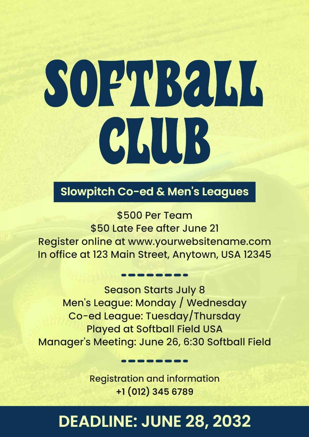 Softball Club Registration Event A4 Flyer Template