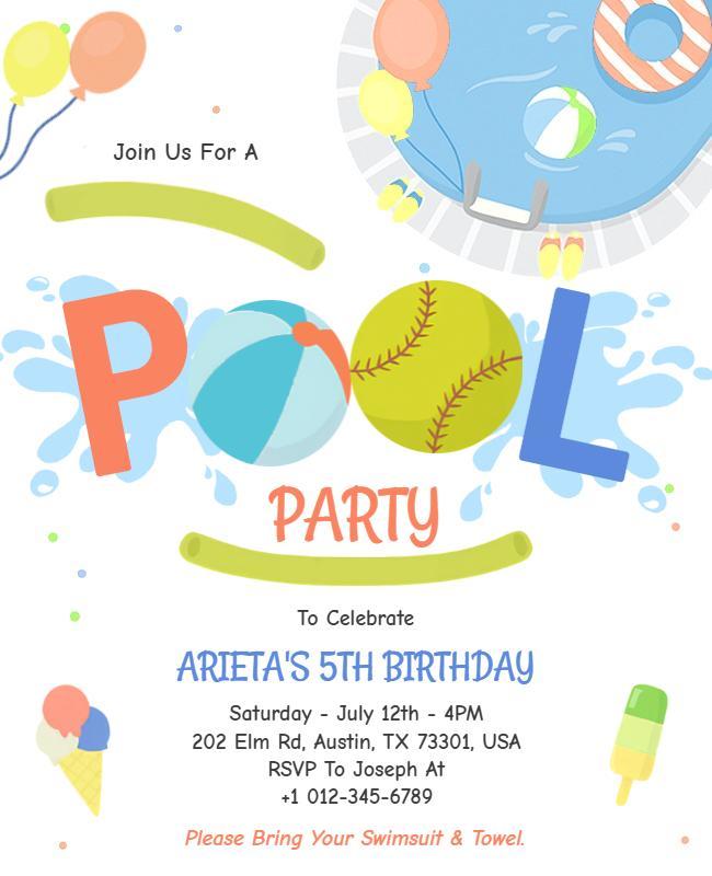 Softball Pool Birthday Party Celebration Flyer Template