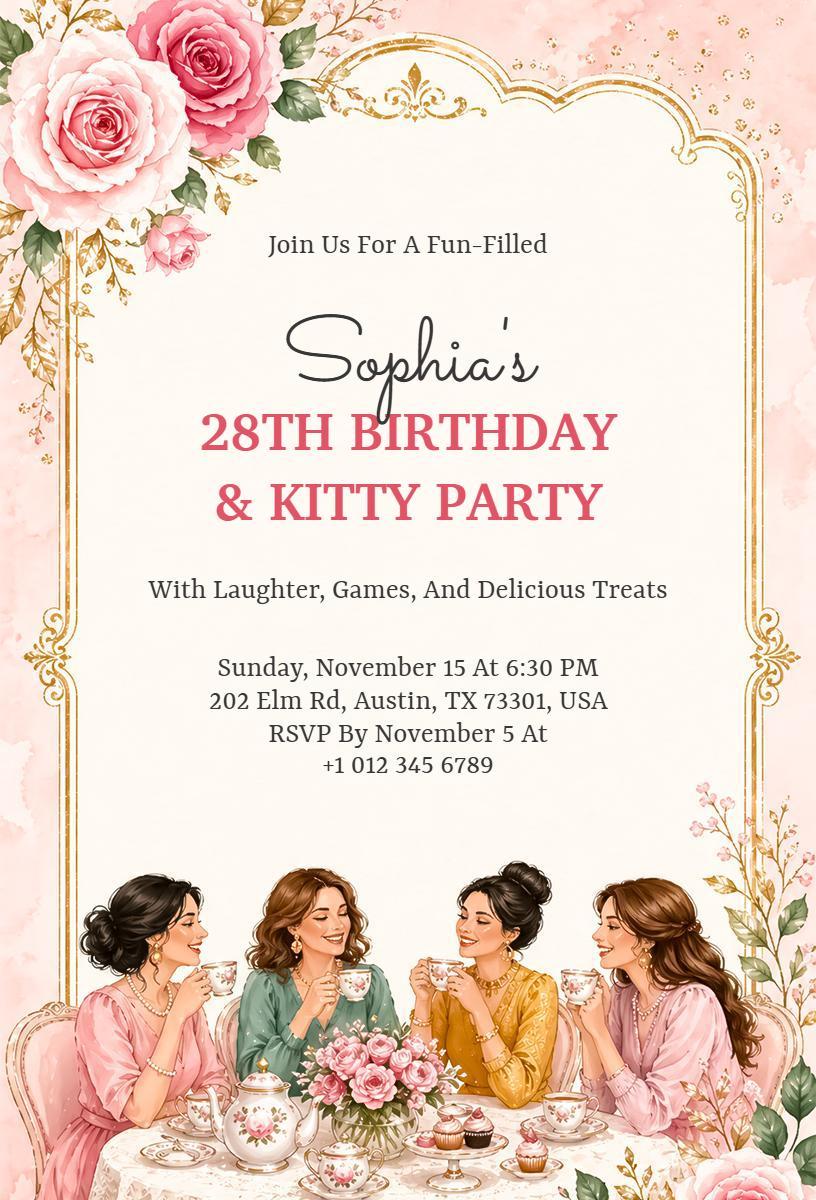Sophia's 28th Birthday Fun Kitty Party Invitation Template