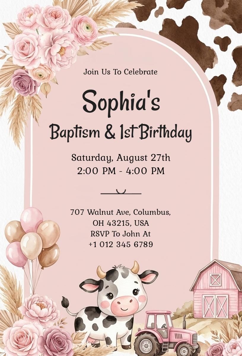 Sophia's Charming Cowgirl Baptism First Birthday Invitation Template