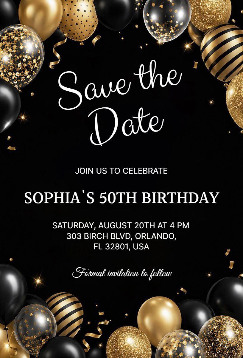 Sophia's Elegant 50th Birthday Celebration Save The Date Invitation Template
