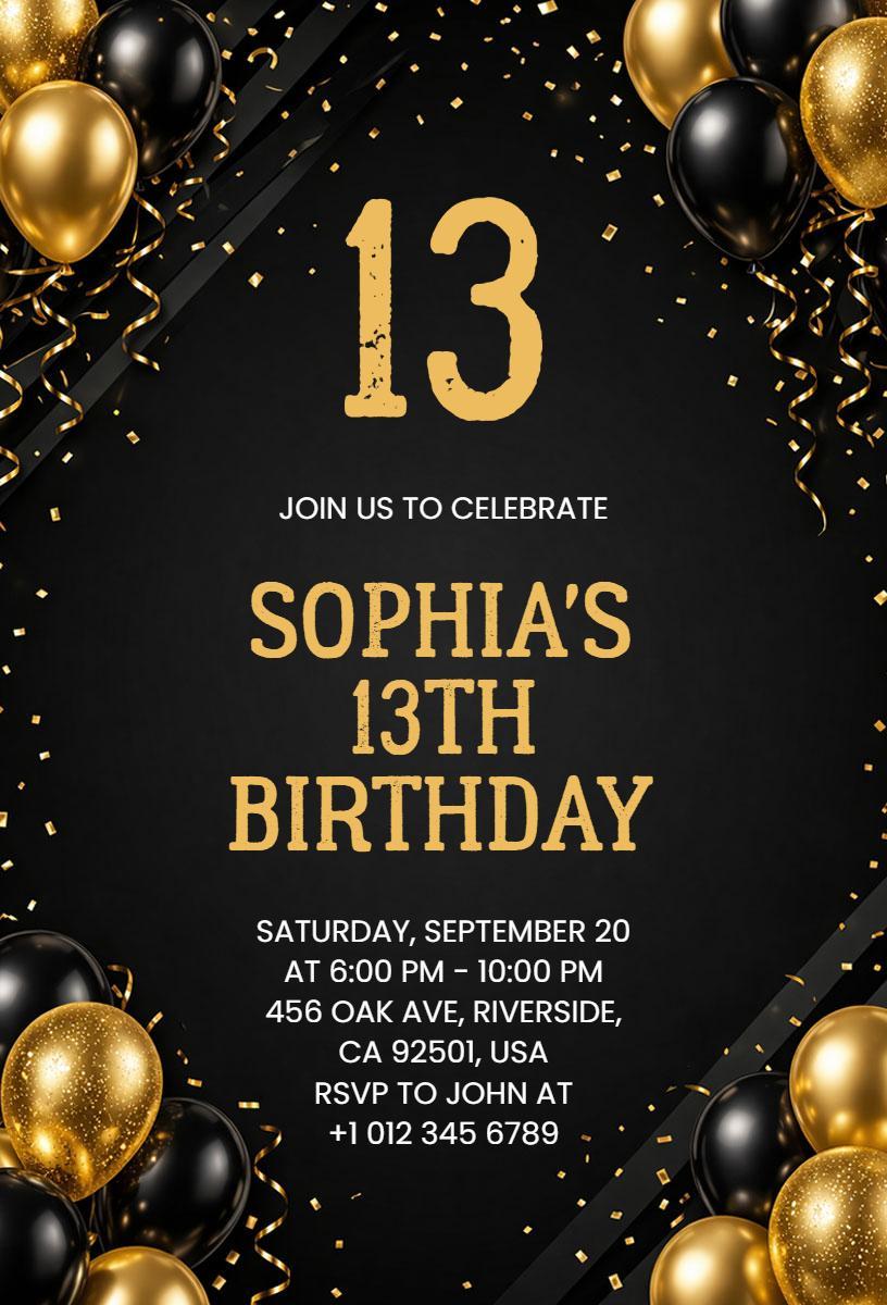 Sophia's Elegant Black and Gold 13th Birthday Invitation Template