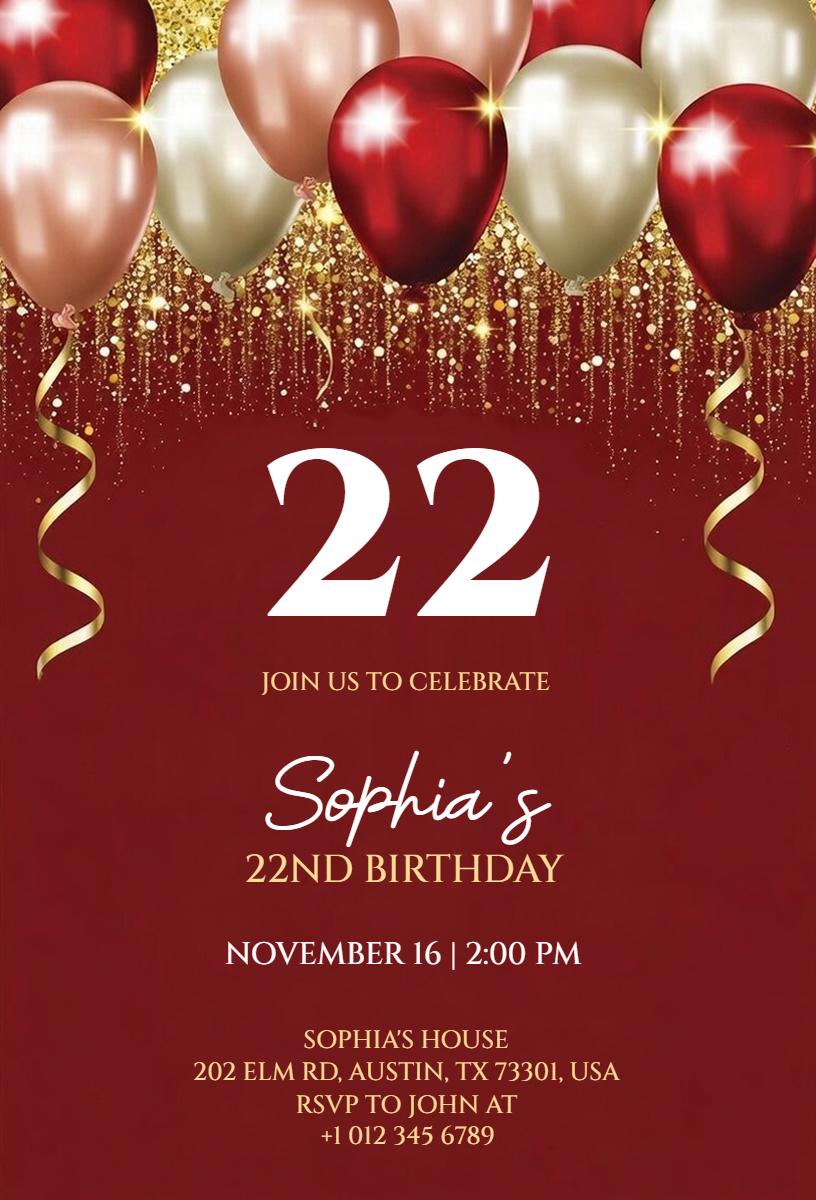 Sophia's Glamorous 22nd Birthday Celebration Invitation Template