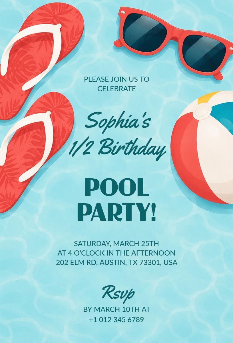 Sophia's Half Birthday Festive Pool Party Invitation Template