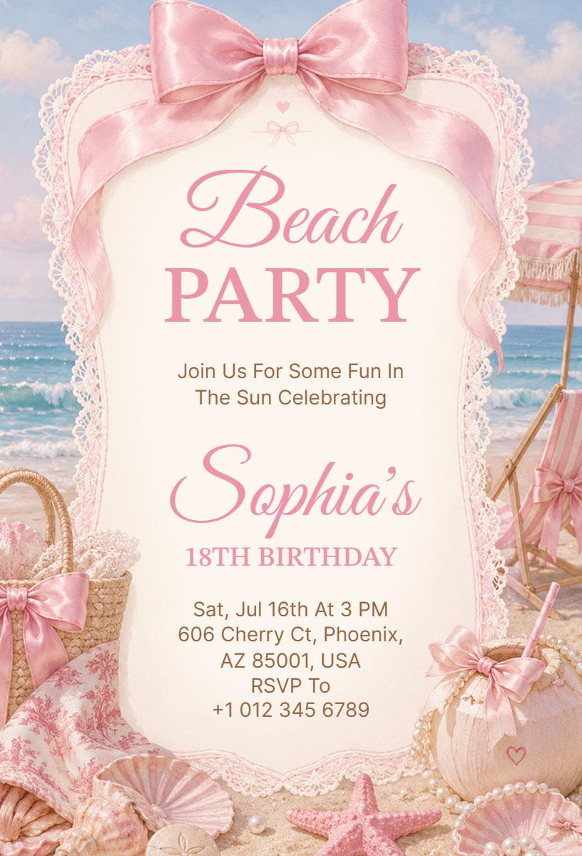 Sophia's Pink Beach Party Birthday Celebration Invitation Template
