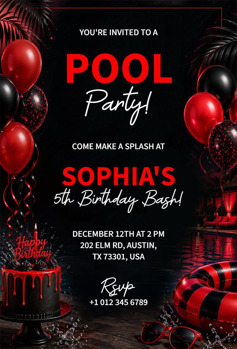 Sophia's Red Splashy Pool Party Birthday Invitation Template