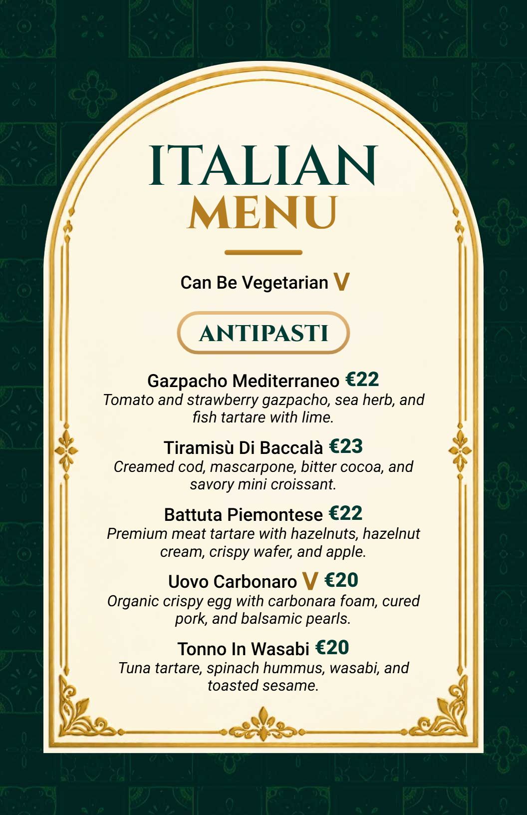 Sophisticated Arch Design Italian Restaurant Menu Template