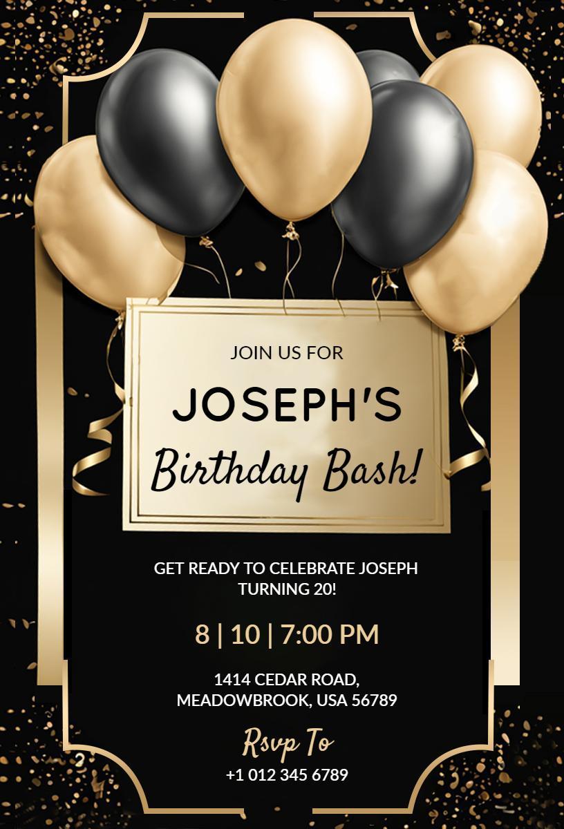 Sophisticated Black Gold 20th Birthday Bash Invitation Template