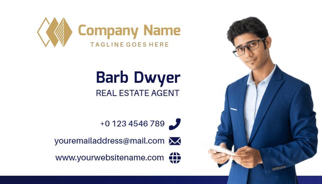 Sophisticated Blue and Gold Real Estate Agent Business Card Template