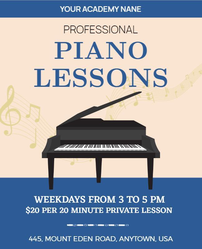 Sophisticated Blue Piano Lessons Promotion Flyer Template