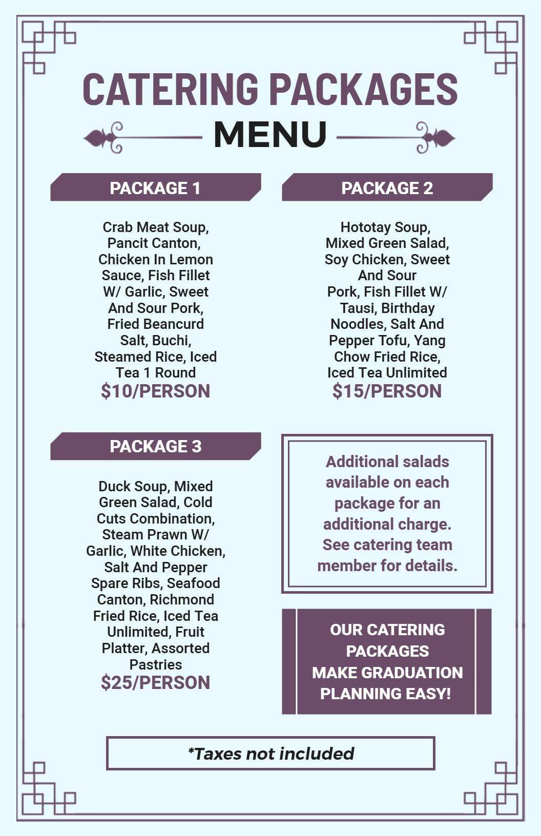 Sophisticated Catering Packages Featuring Diverse Dishes Catering Menu Template