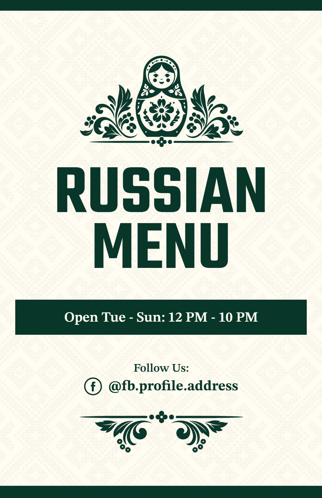 Sophisticated Cream and Green Russian Style Dining Menu Template