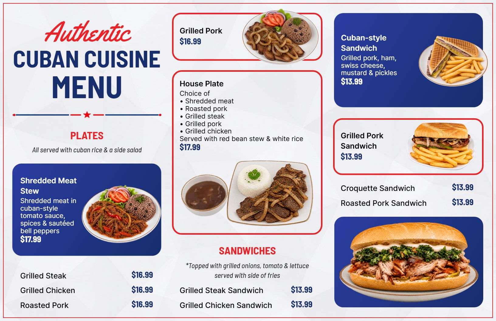 Sophisticated Cuban Cuisine and Sandwich Options Menu Template