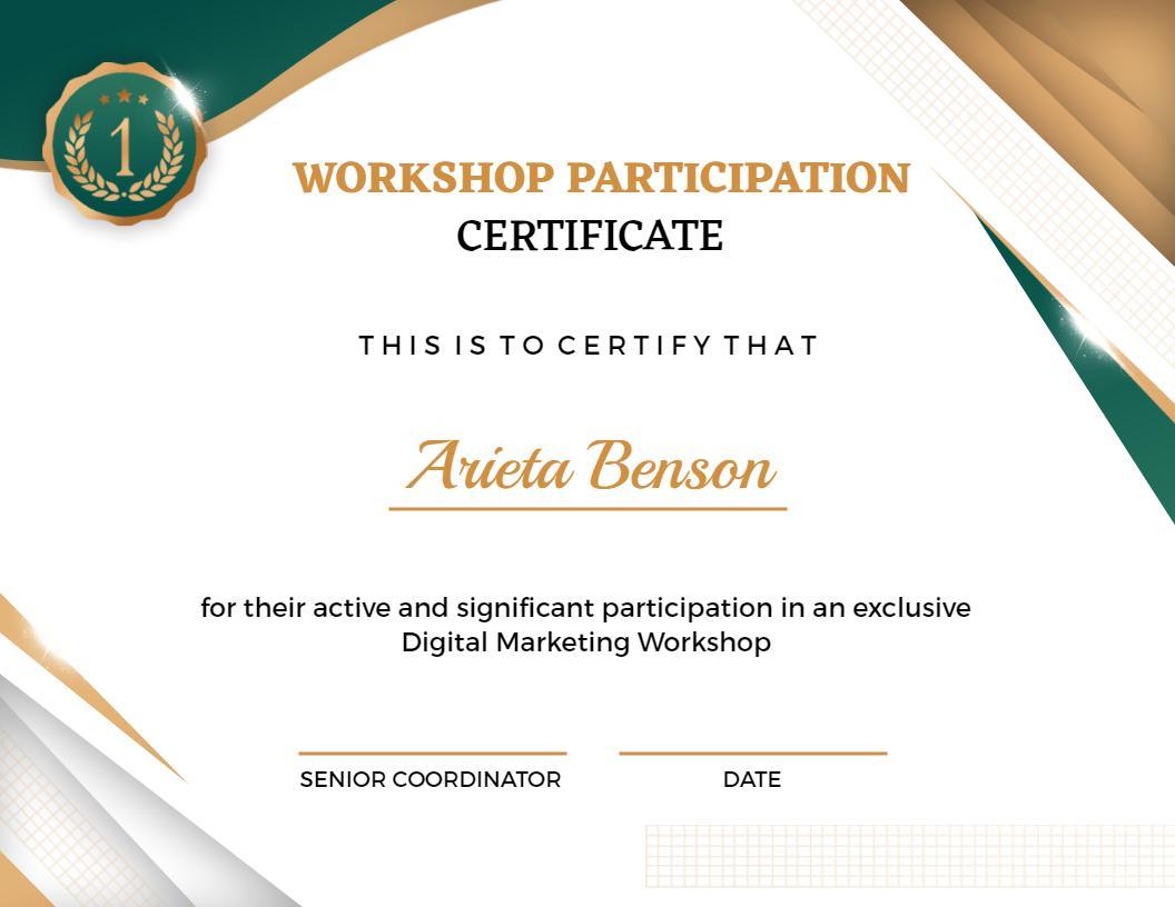 Sophisticated Gold and Green Digital Marketing Workshop Certificate Template