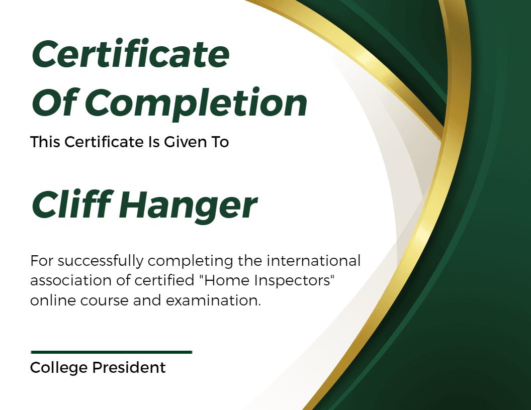 Sophisticated Green and Gold Home Inspector Course Completion Certificate Template