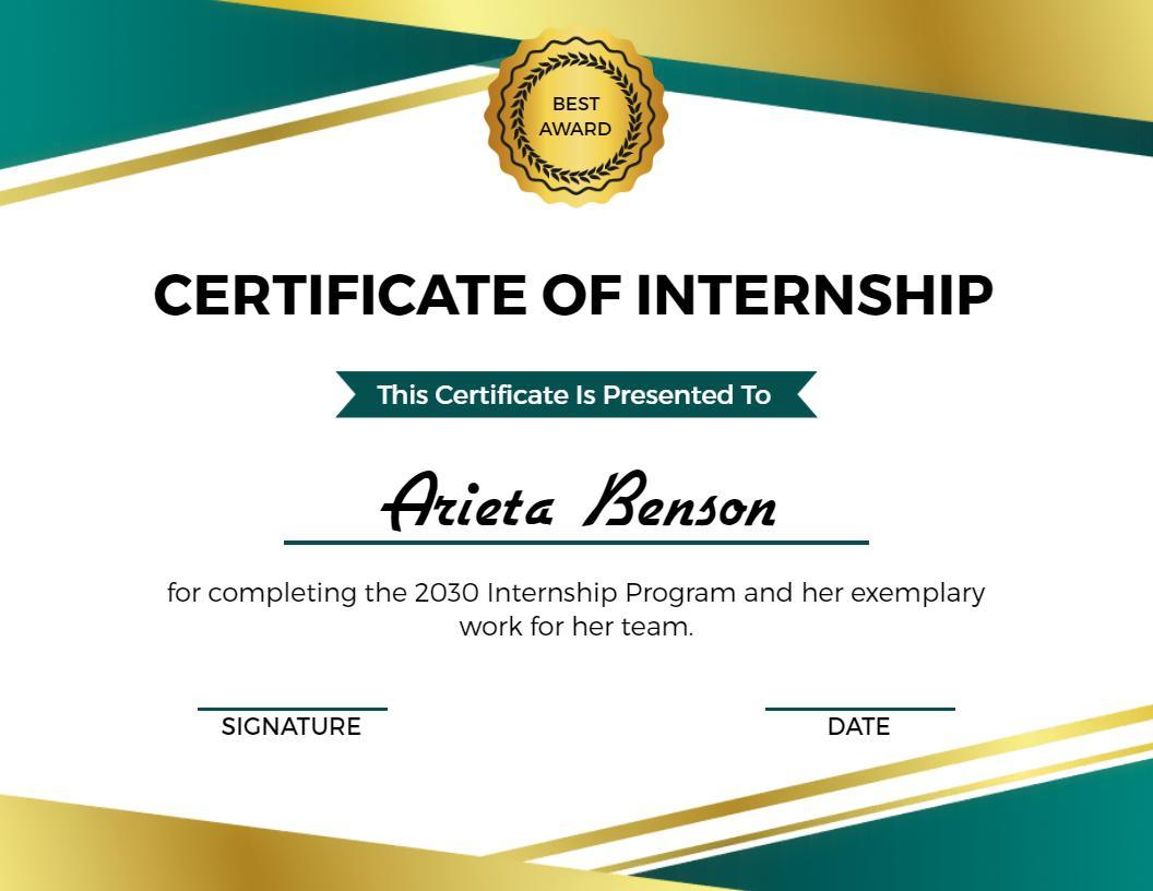 Sophisticated Green and Gold Internship Achievement Certificate Template
