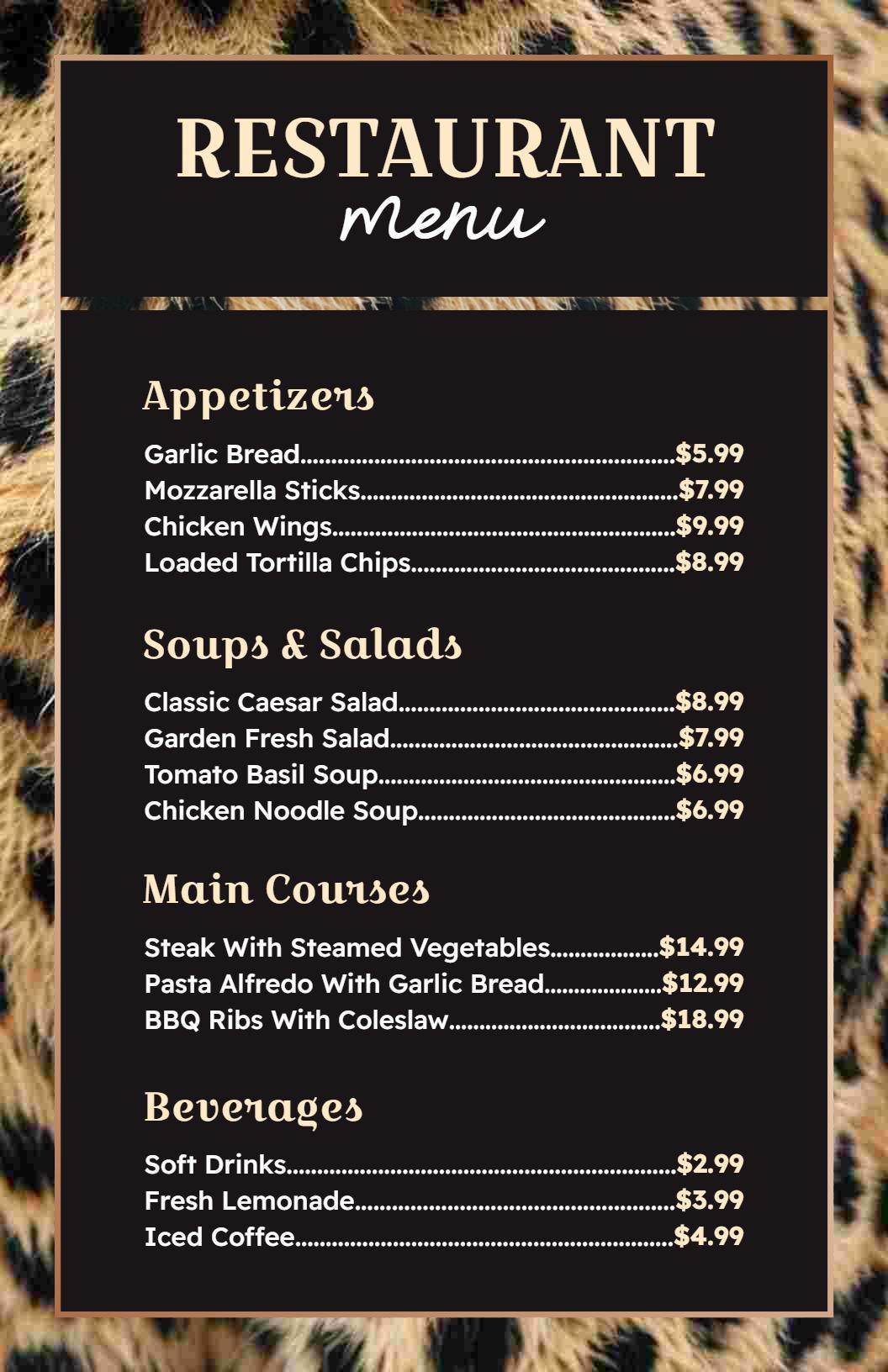 Sophisticated Leopard Design with Classic Restaurant Menu Template