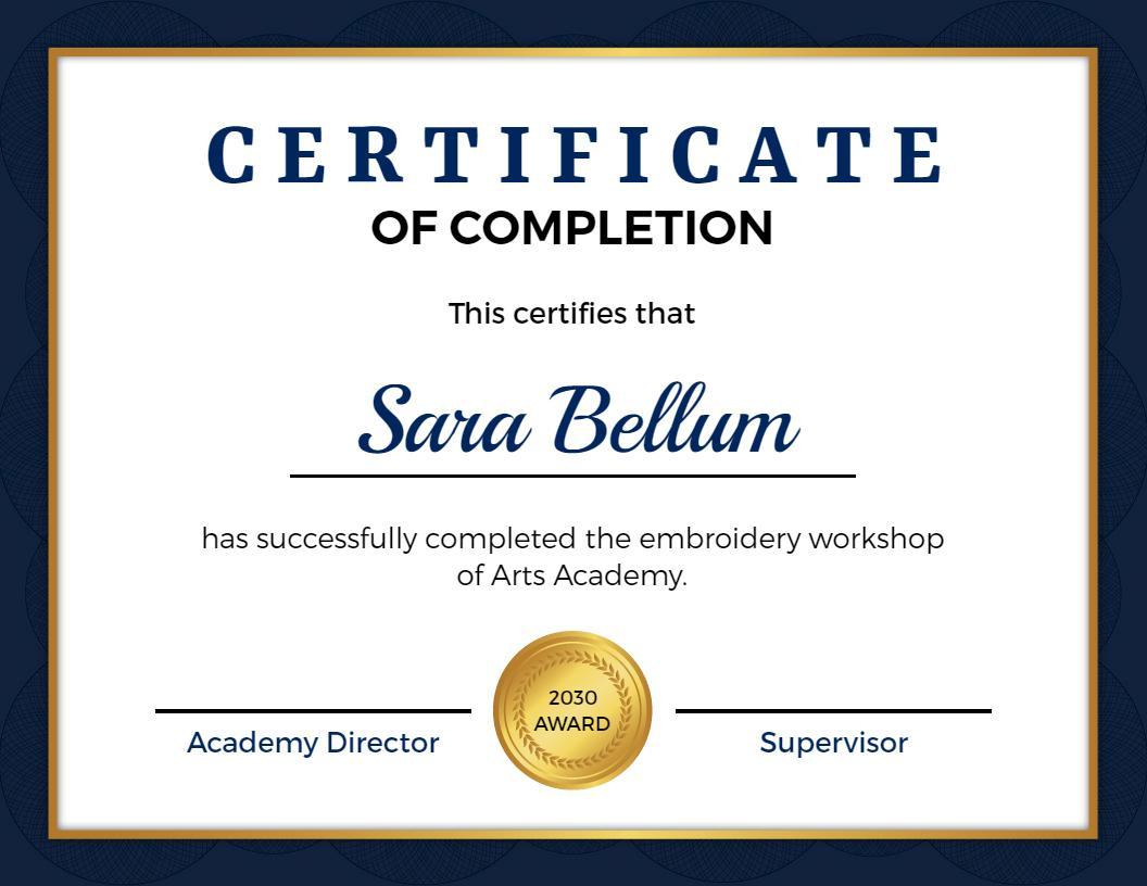 Sophisticated Navy Blue Embroidery Workshop Completion Certificate Template