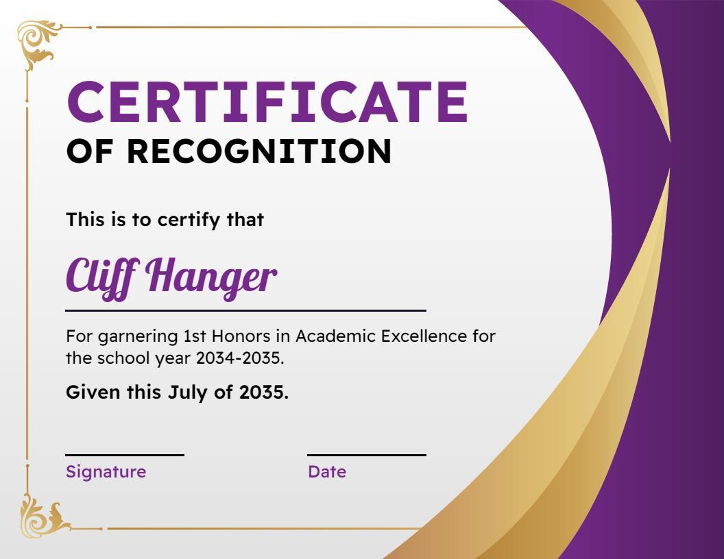 Sophisticated Purple and Gold Academic Excellence Certificate Template