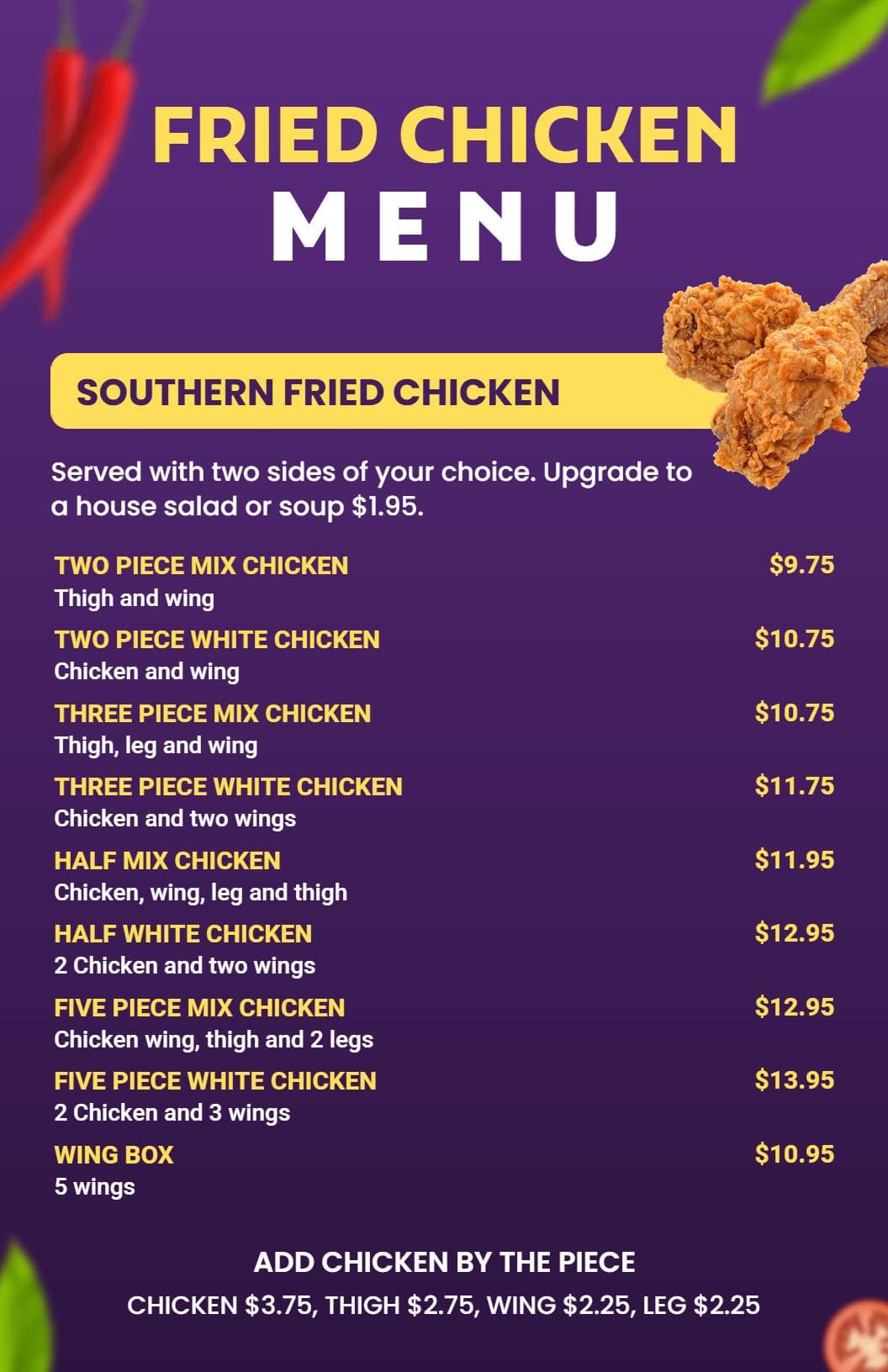 Southern Fried Chicken Selections with Flavorful Options Chicken Menu Template