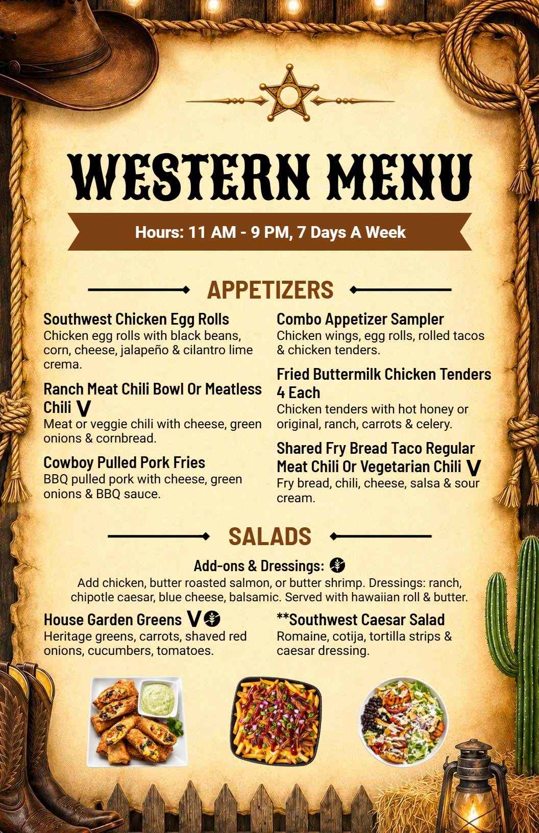 Southwest Chicken Rolls and BBQ Pulled Pork Fries Western Menu Template