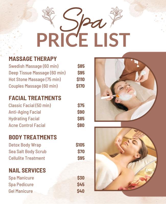 Spa and Wellness Services Price List Flyer Template
