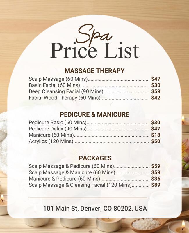 Spa Services Price List Menu Poster Template