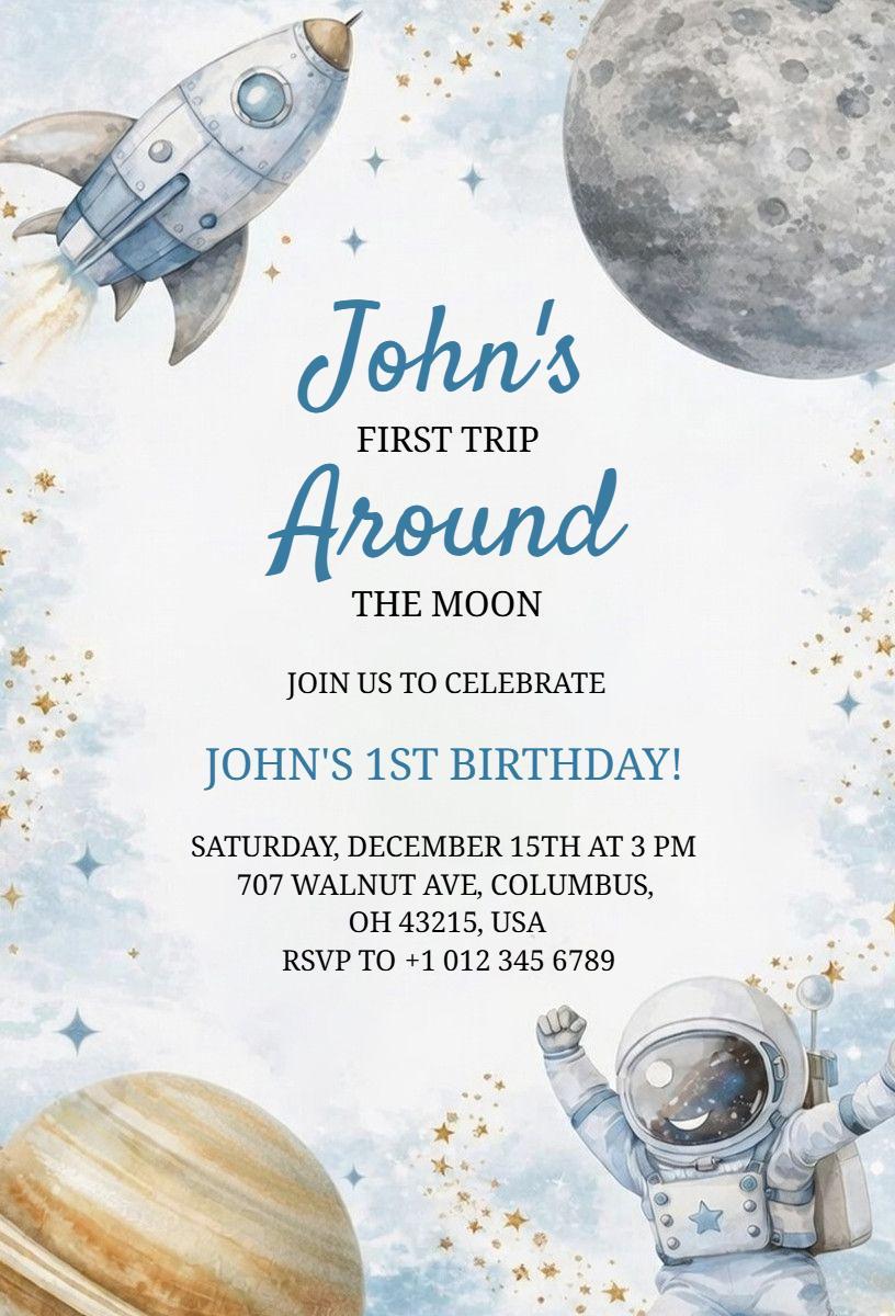Space Adventure Theme 1st Birthday Celebration Invitation Template