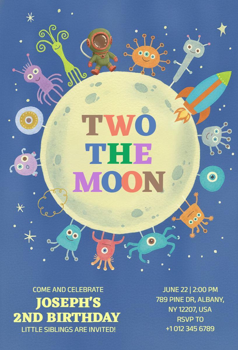 Space Adventure Two the Moon Birthday Celebration Invitation Template