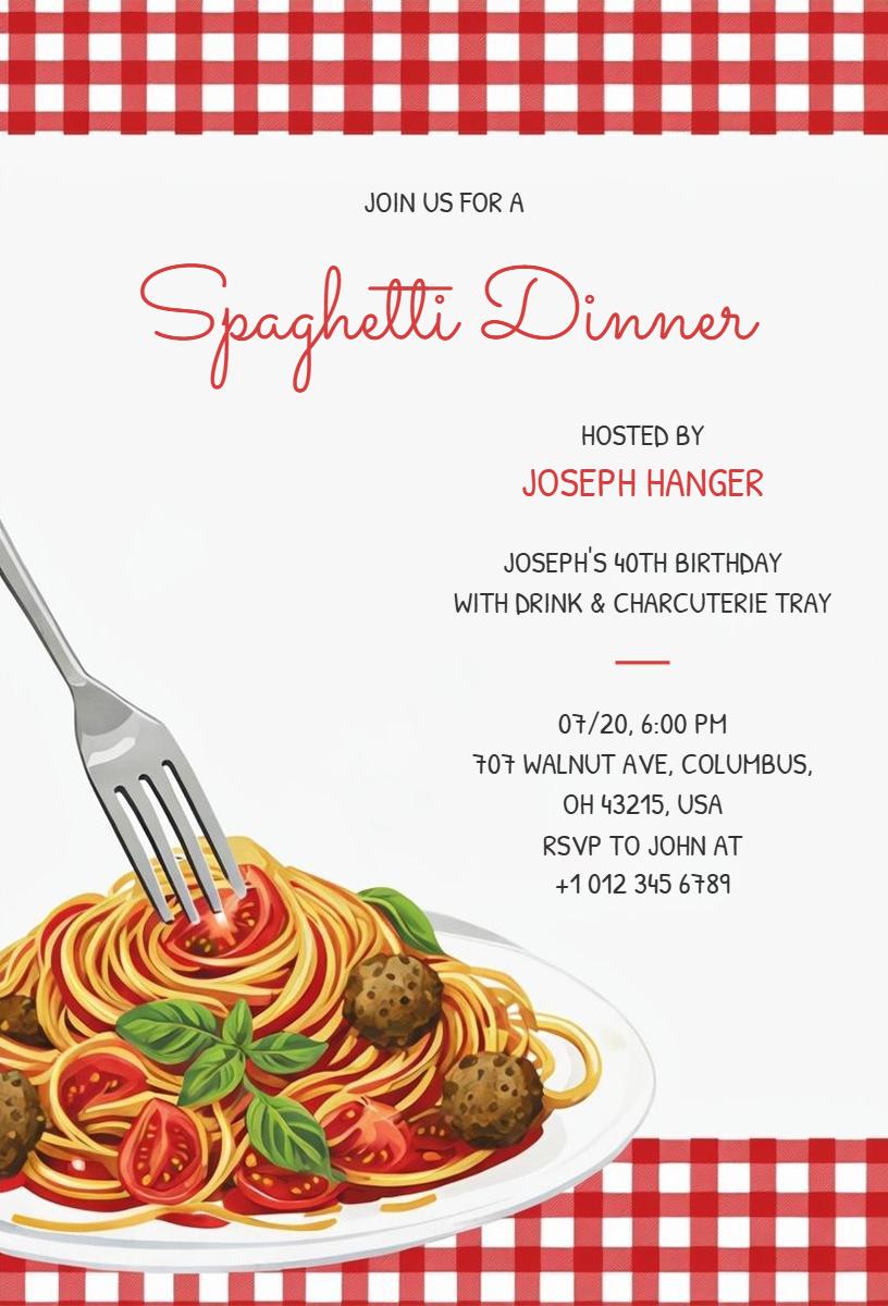 Spaghetti Dinner 40th Birthday Celebration Invitation Template