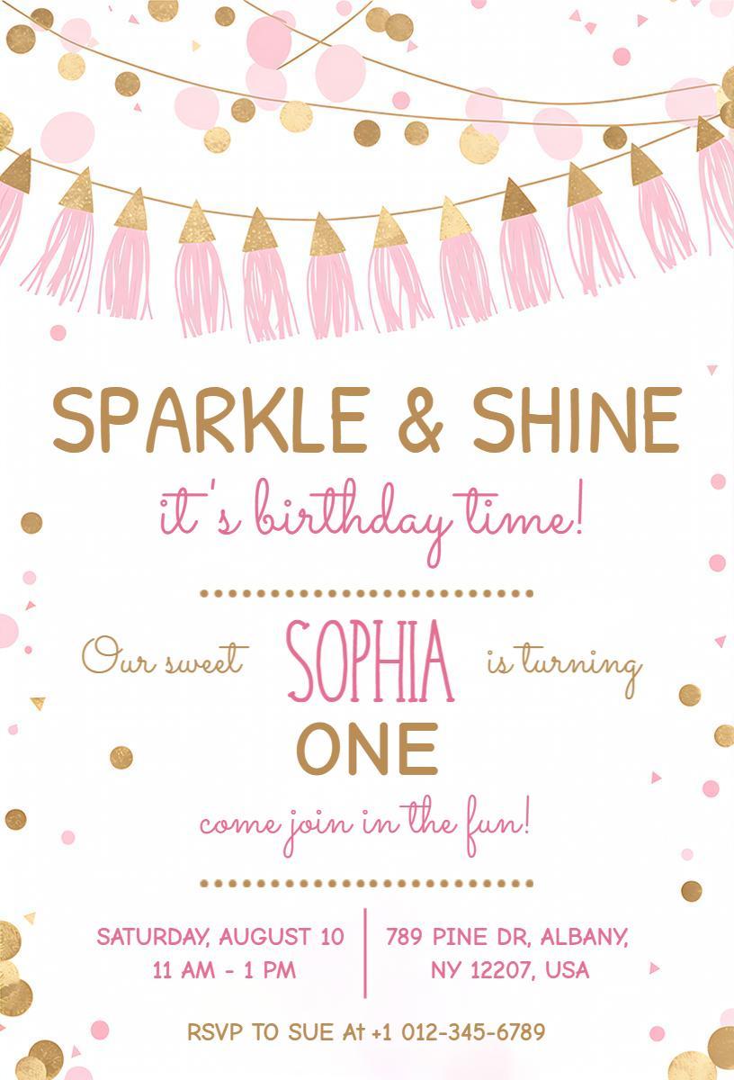 Sparkle Shine Pink Gold 1st Birthday Celebration Invitation Template