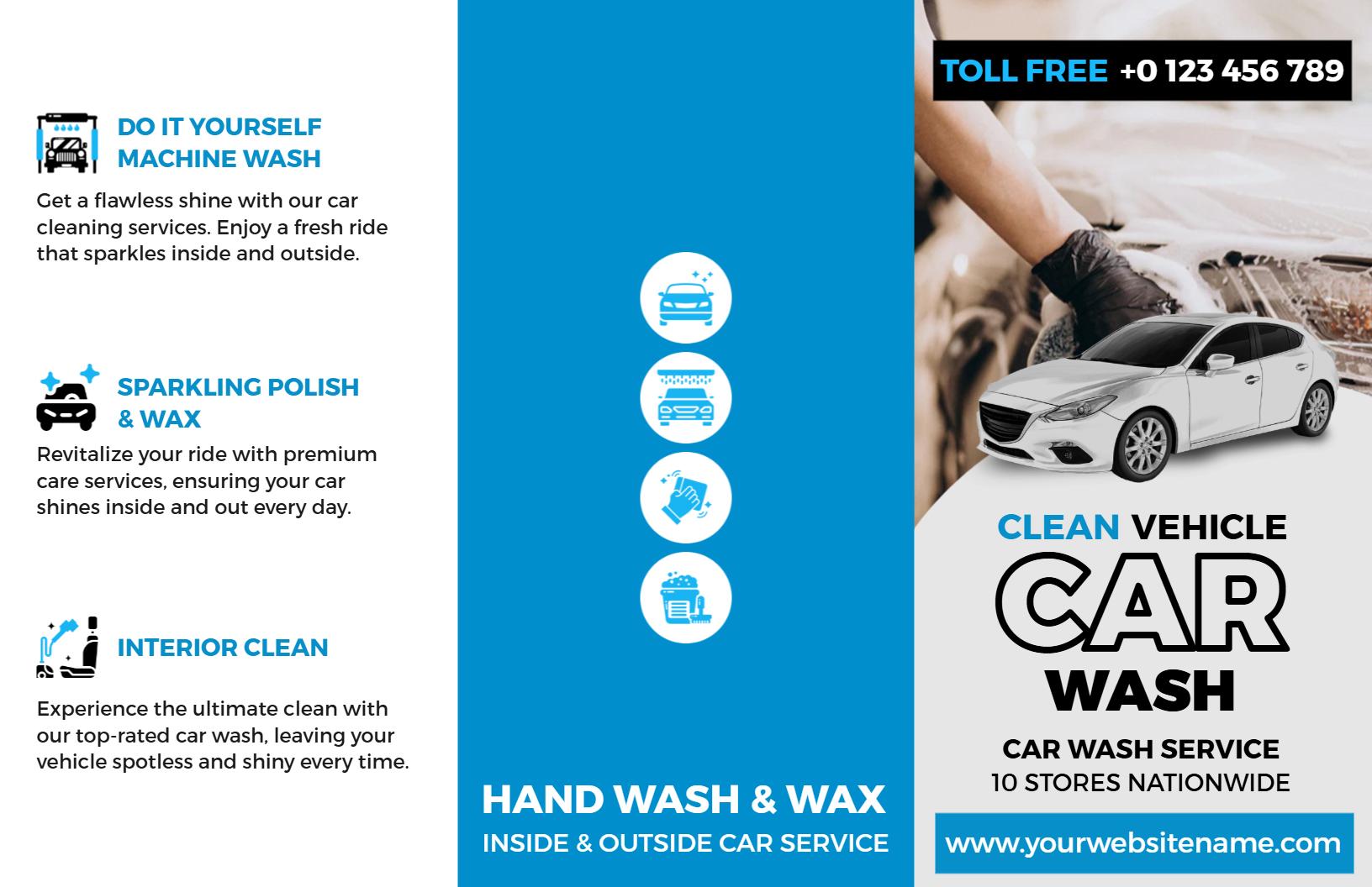 Sparkling Clean Vehicle Hand Wash and Wax Car Wash Brochure Template