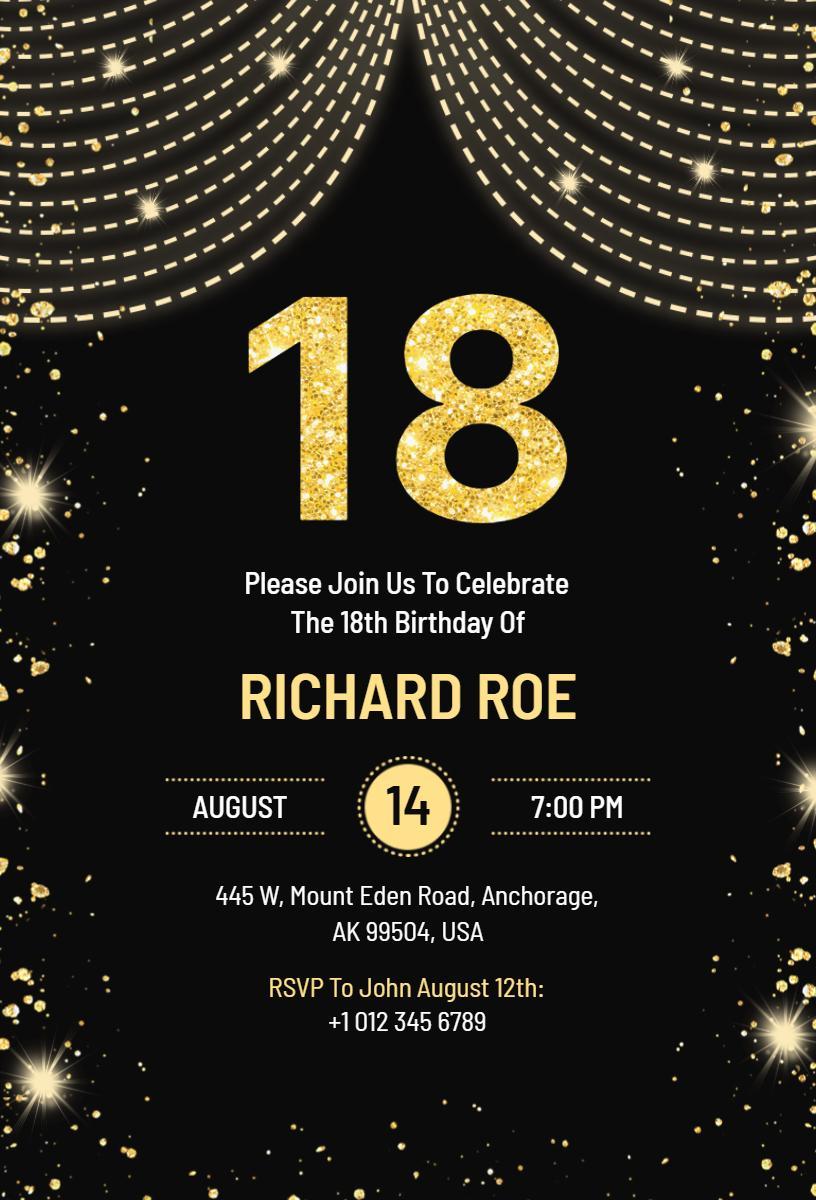 Sparkling Gold Black 18th Birthday Celebration Invitation Template