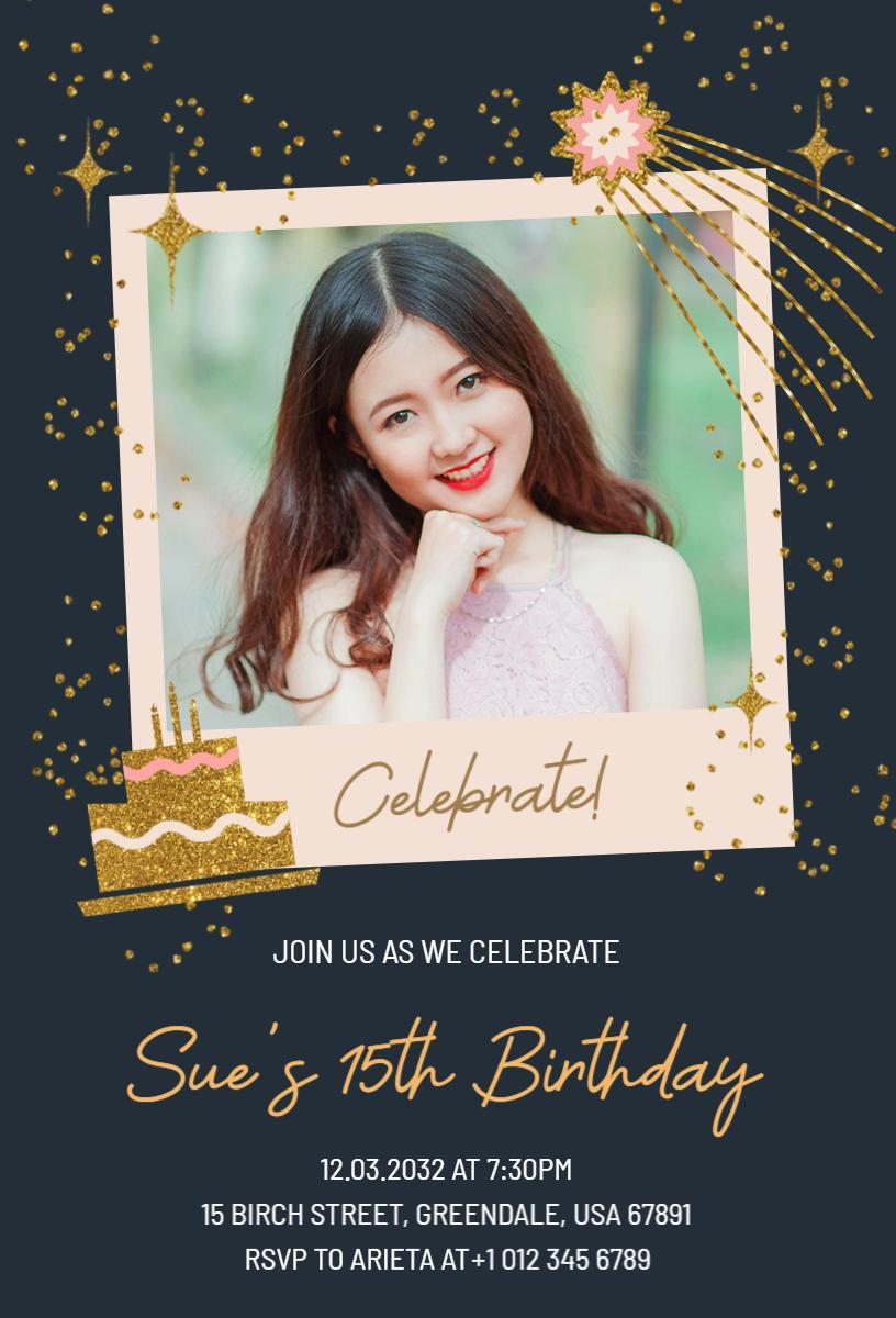 Sparkling Gold Photo 15th Birthday Celebration Invitation Template