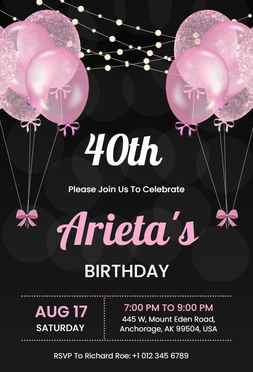 Sparkling Pink Glam 40th Birthday Celebration Invitation Template