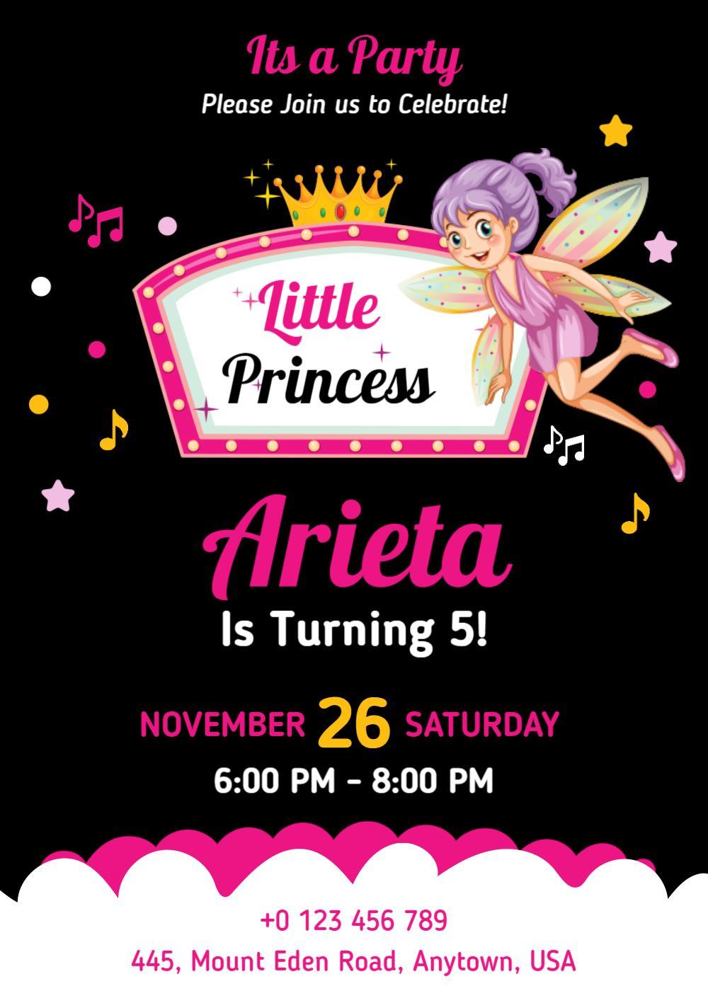 Sparkling Princess Fairy Theme Birthday Celebration Invitation Template