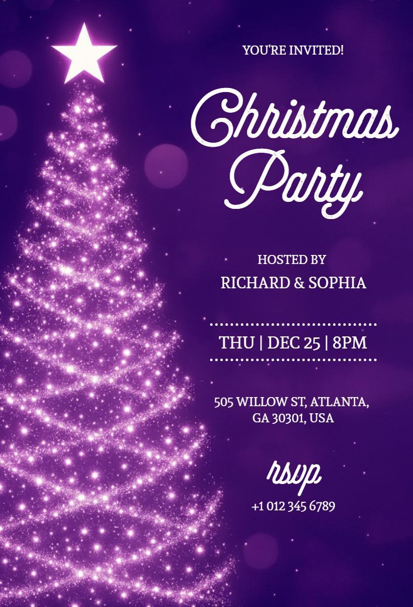 Sparkling Purple Christmas Tree Festive Party Invitation Template