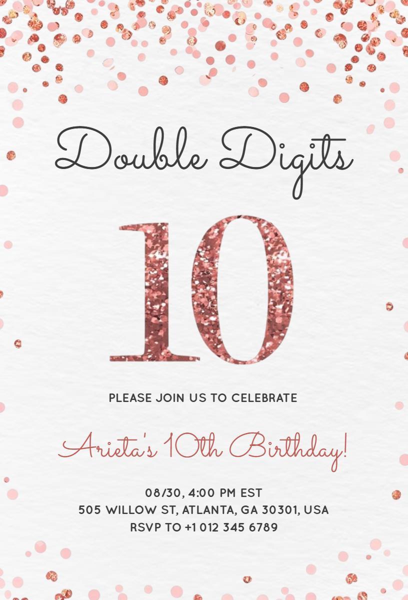 Sparkling Rose Gold Double Digits 10th Birthday Invitation Template