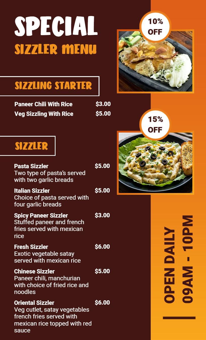 Special Sizzler Restaurant Menu Template