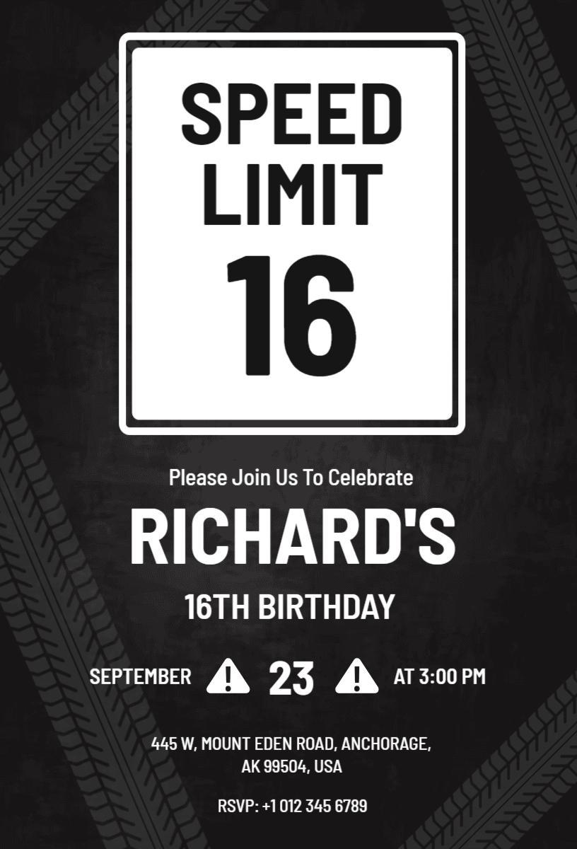 Speed Limit 16 Black Themed Sweet 16 Birthday Invitation Template