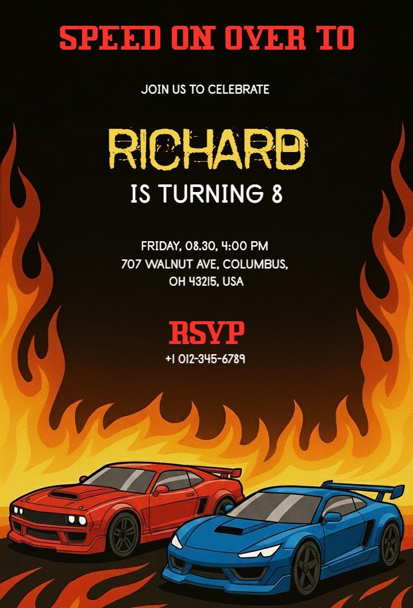 Speeding Cars Exciting Birthday Celebration Invitation Template