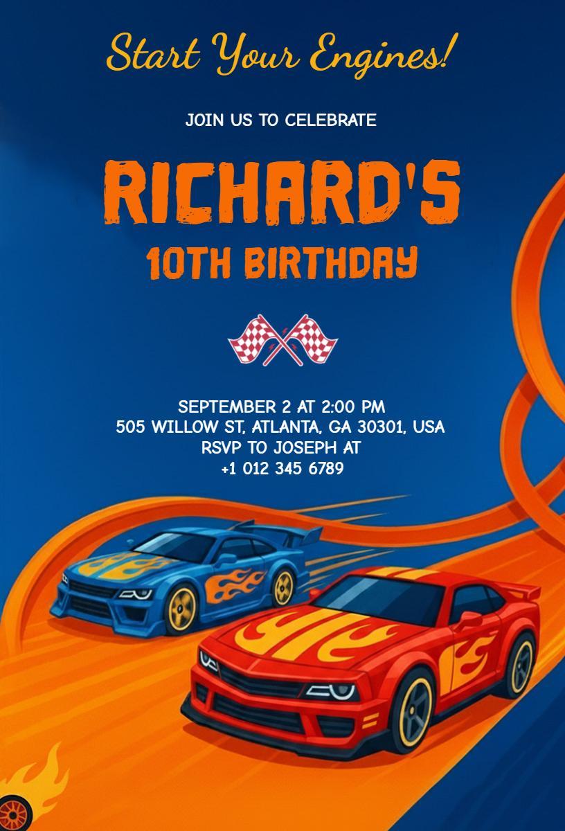 Speedy Race Cars 10th Birthday Celebration Invitation Template