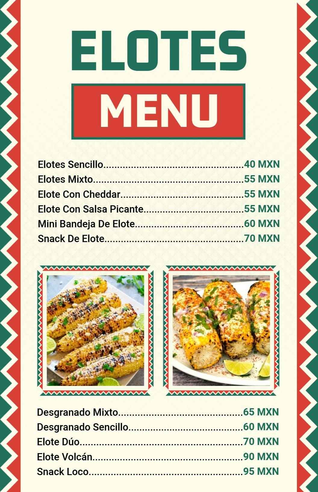 Spicy and Cheesy Mexican Corn Delights Featuring Elotes Menu Template