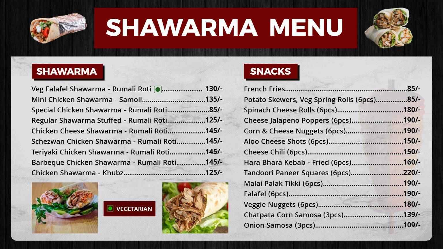 Spicy and Flavorful Wraps with Tasty Sides Shawarma Menu Template