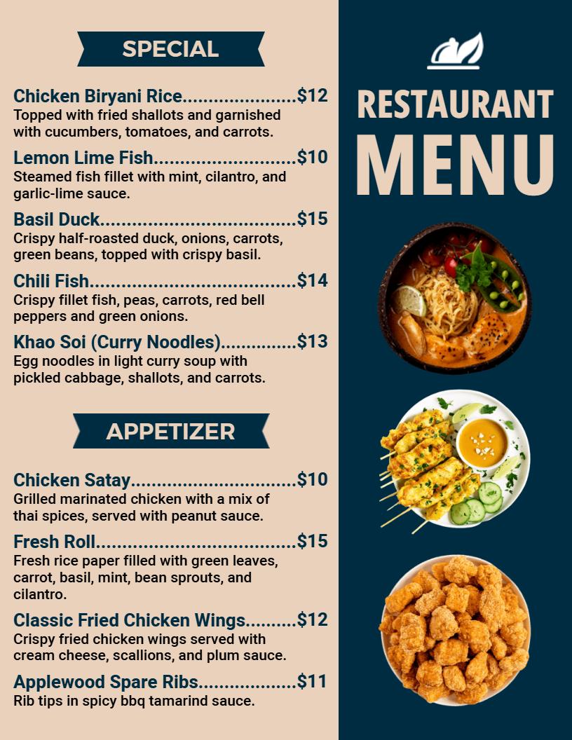 Spicy Chicken Satay and Flavorful Curry Dishes Restaurant Menu Template