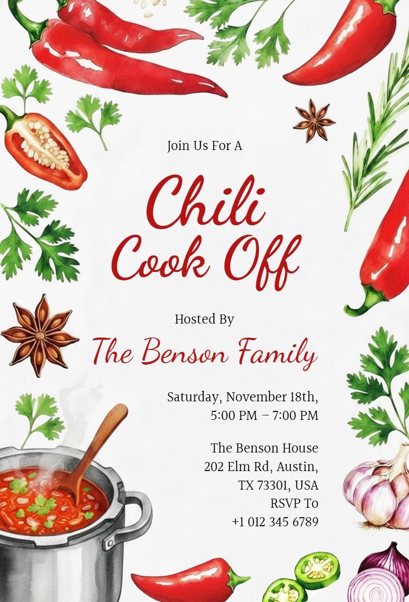 Spicy Chili Cook Off Family Gathering Invitation Template