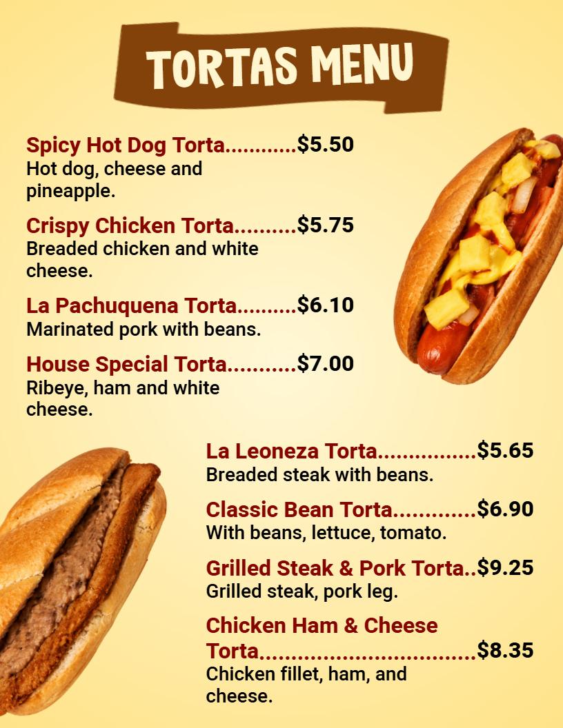 Spicy Hot Dog and Pineapple Specialties Tortas Menu Template