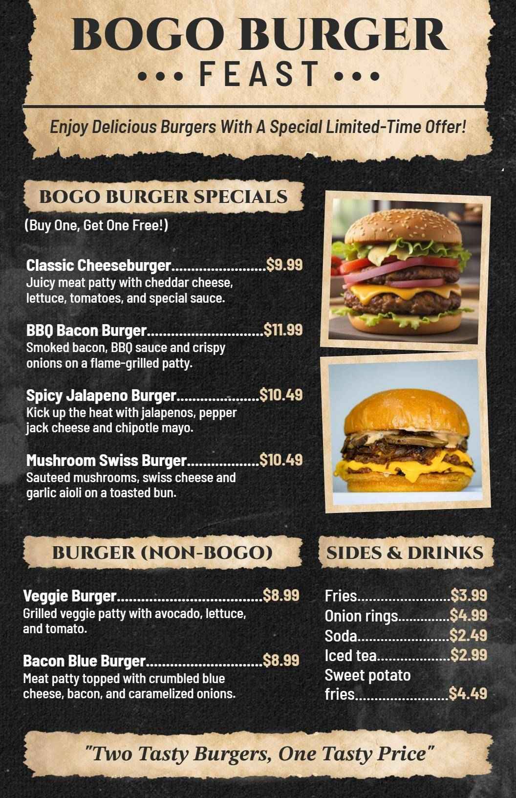 Spicy Jalapeno and Mushroom Swiss BOGO Burger Menu Template