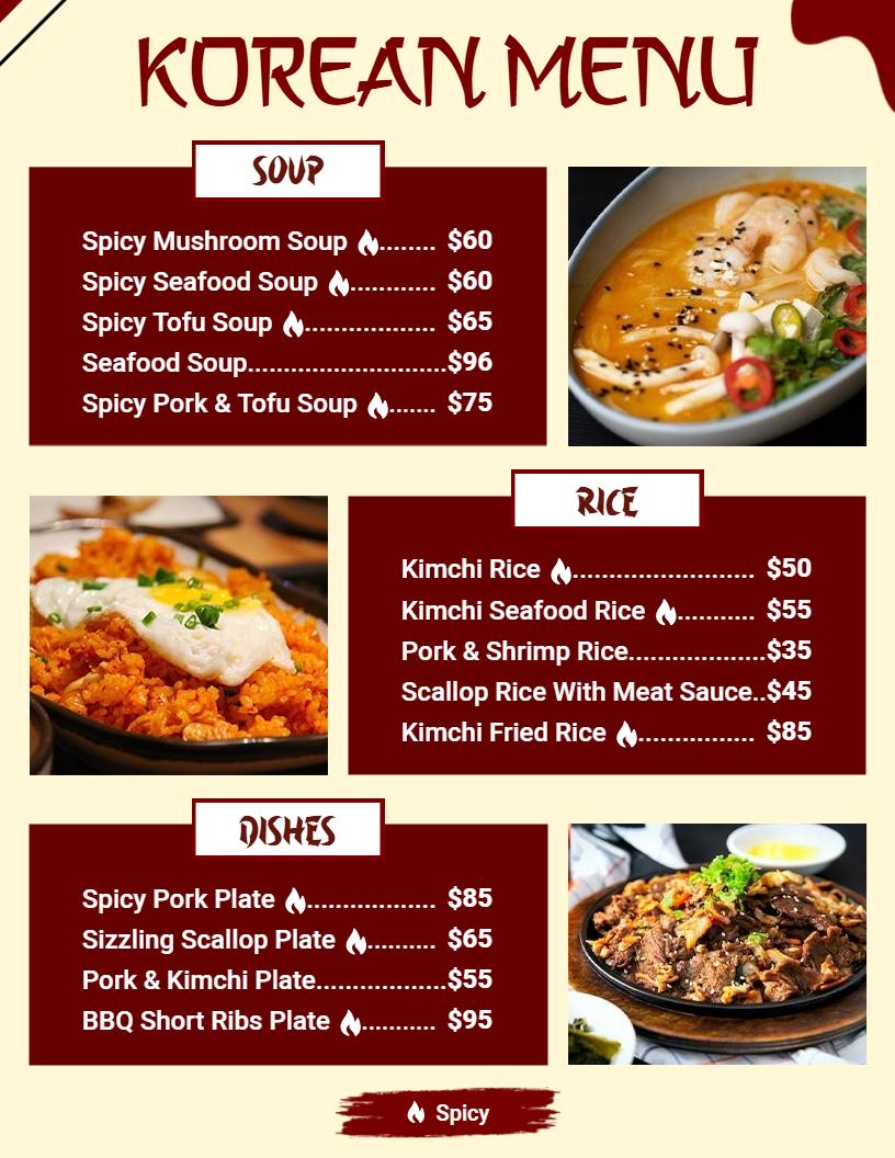 Spicy Soups and Flavorful Rice Dishes Selection Korean Menu Template
