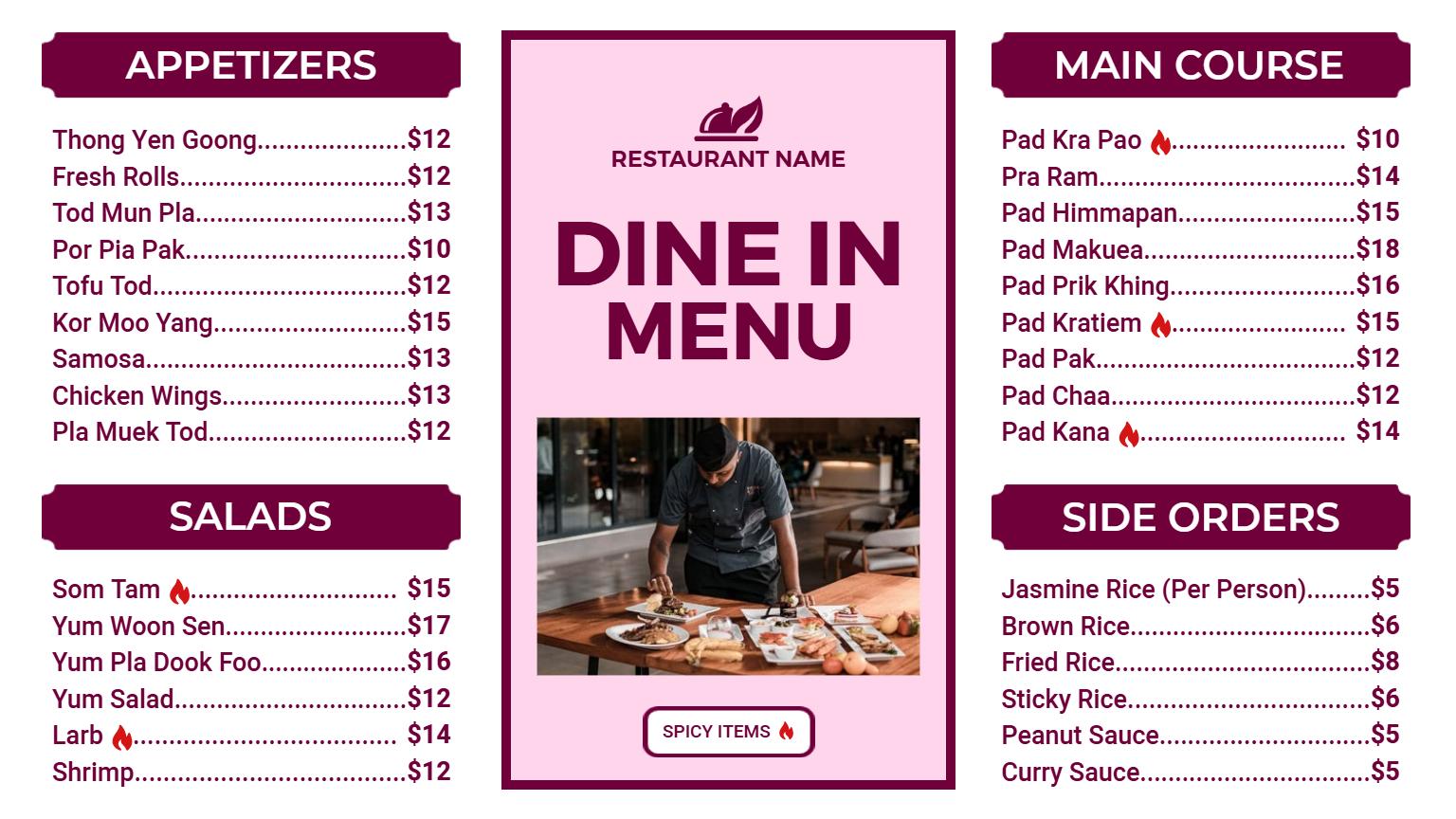 Spicy Thai Dine-in Selection with Appetizers and Entrees Restaurant Menu Template